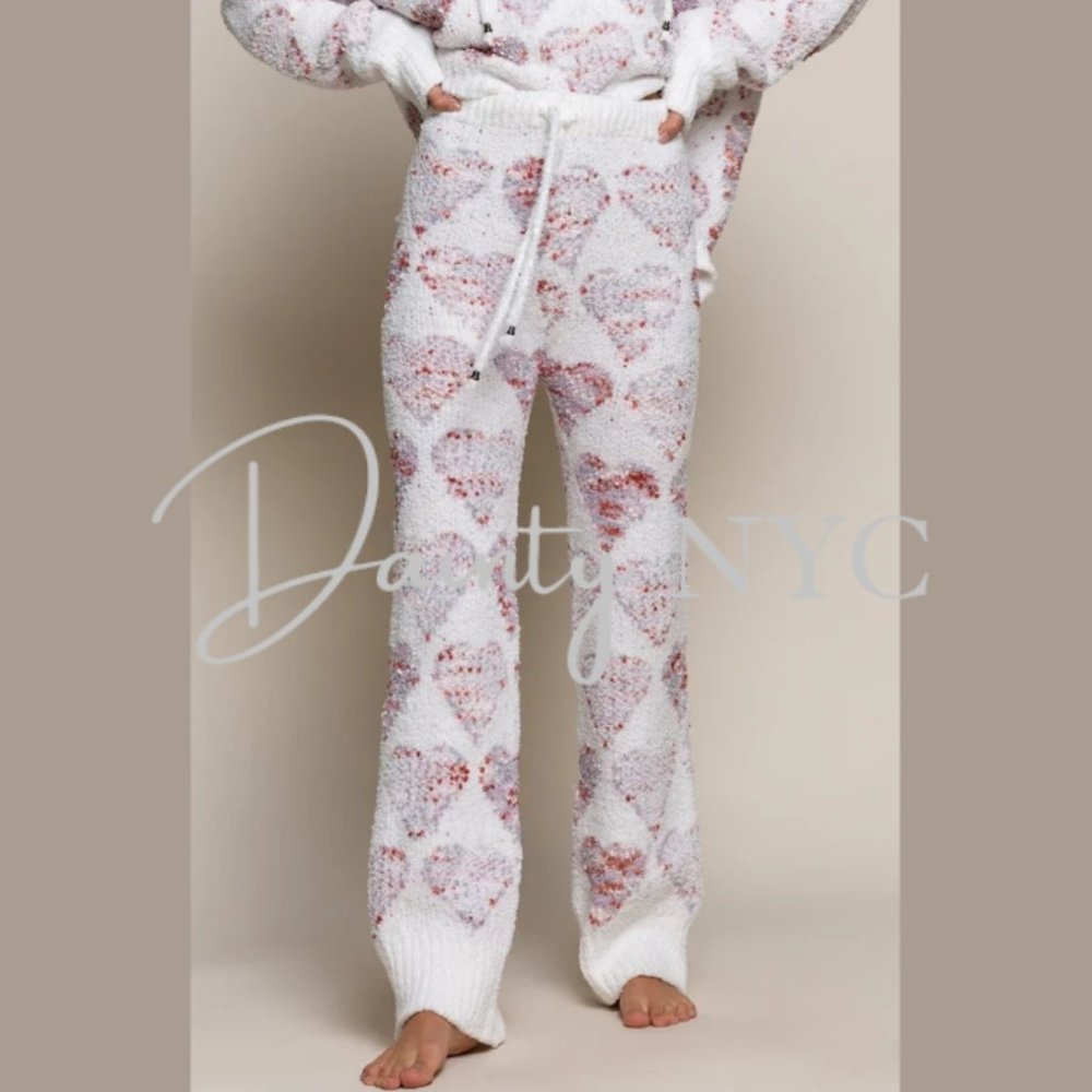 Hearts Berber Fleece Lounge Pants Heart Print Sweatpants - Picture 2 of 11